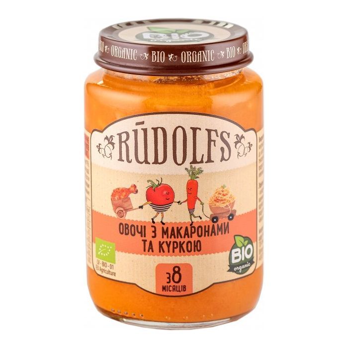 Детское пюре Rudolfs Овощи с макаронами и курицей с 8 месяцев 190 г (4751017940556)