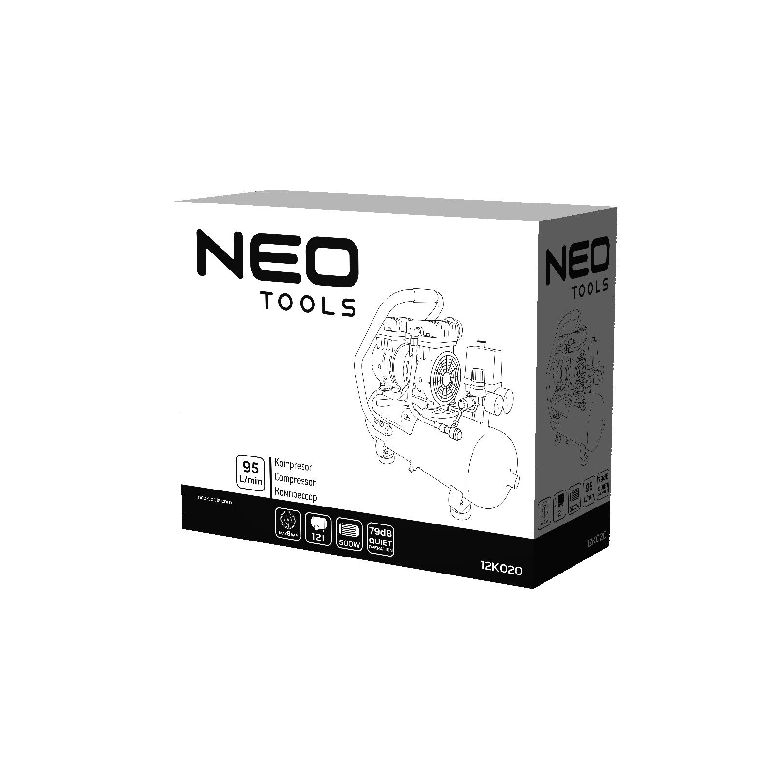 Компресор Neo Tools безоливний, 2-х поршневий, 230В, 12л, 8 Бар, 105л/хв, 500Вт, (12K020) зображення 11