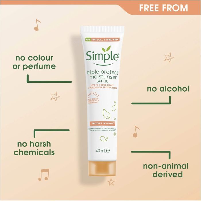 Крем для обличчя Simple Protect & Glow Потрійного захисту з SPF 30 Зволожувальний 40 мл (8717163866900) зображення 5