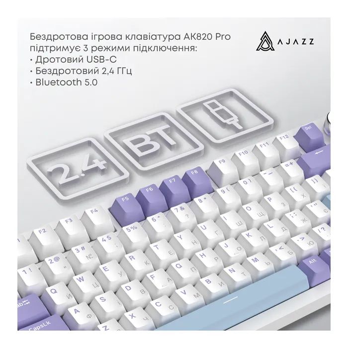 Клавиатура Ajazz AK820 Pro Gift Switch Purple RGB USB/Wireless/Bluetooth UA Purple (AK820PRO-G-PWB) изображение 8