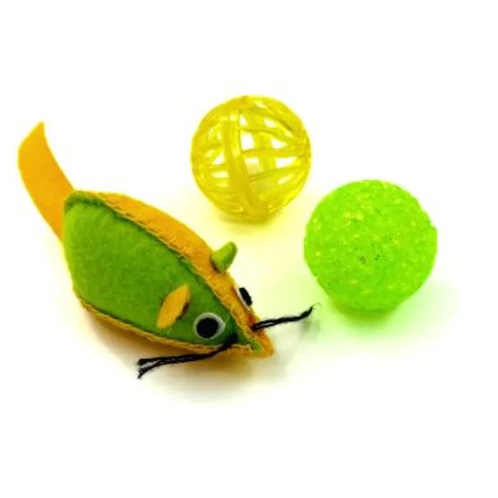 Игрушка для кошек Hippie Pet Мишка та два м'ячика, жовтий і зелений (HIPSET2303003)