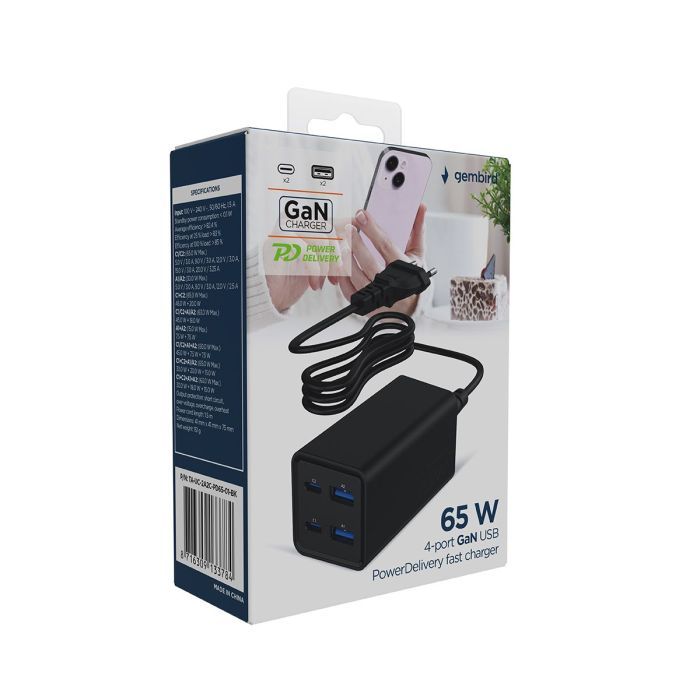 Зарядний пристрій Gembird 2xUSB-C PD65W + 2xUSB QC3.0 30W black (TA-UC-2A2C-PD65-01-BK) зображення 6