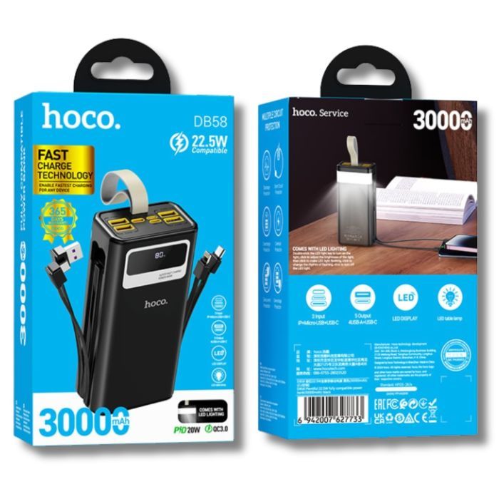 Батарея універсальна HOCO 30000mAh Plentiful 22.5W, built-in cables, LED, Black (DB58 / 715030) зображення 6