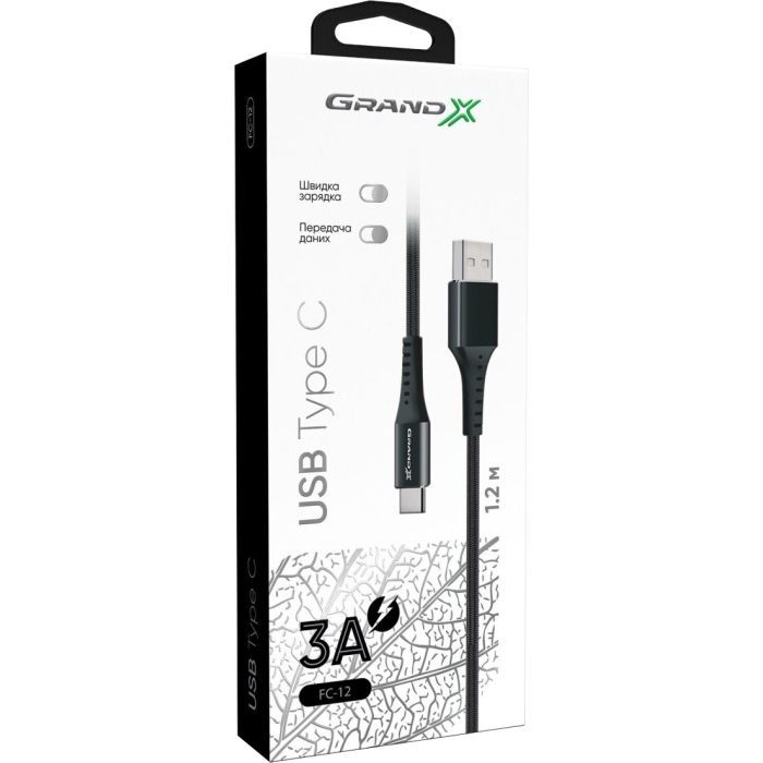Дата кабель USB 2.0 AM to USB-C 1.2m Grey Grand-X (FC-12G) зображення 4