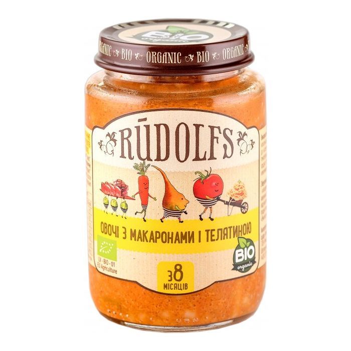 Детское пюре Rudolfs Овощи с макаронами и телятиной с 8 месяцев 190 г (4751017942109)
