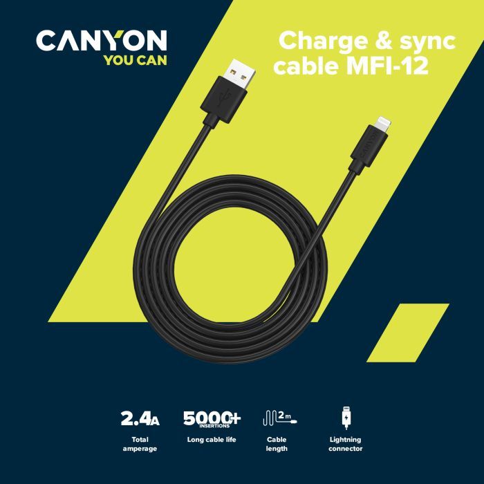 Дата кабель USB 2.0 AM to Lightning 1.0m MFI black Canyon (CNS-MFIC12B) изображение 3