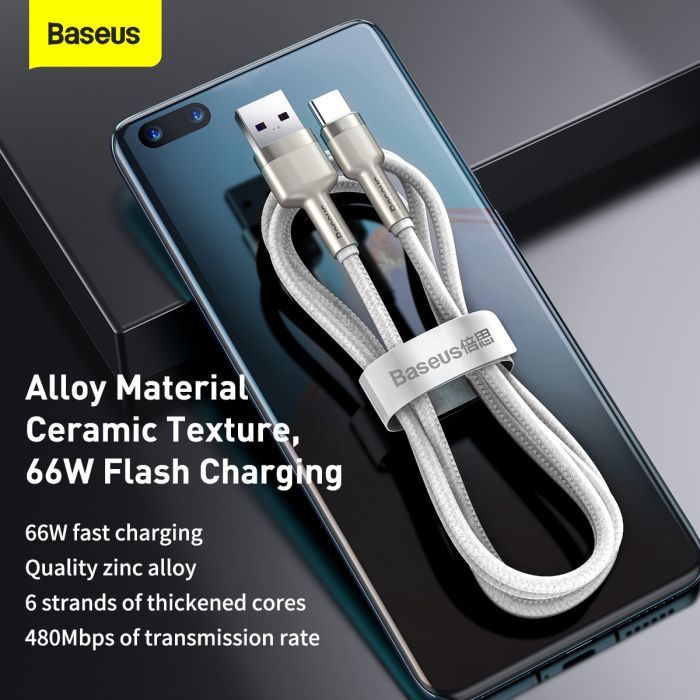 Дата кабель USB 3.1 AM to USB-C 2.0m 6.0A 66W Cafule Series Metal White Baseus (CAKF000202) изображение 5