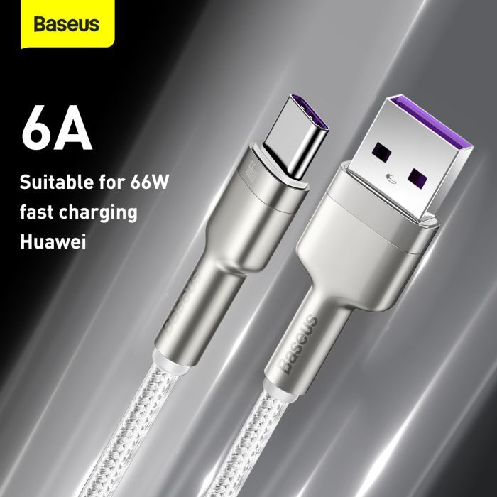 Дата кабель USB 3.1 AM to USB-C 2.0m 6.0A 66W Cafule Series Metal White Baseus (CAKF000202) изображение 6