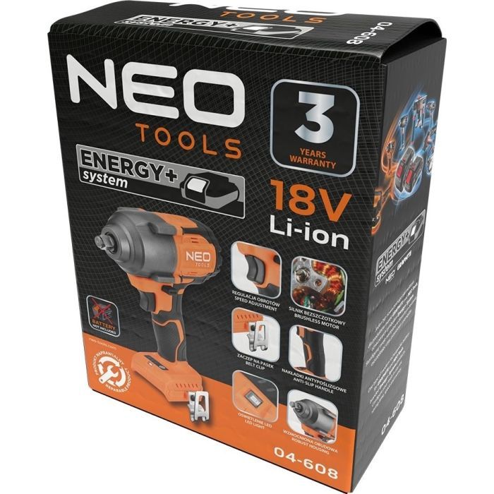 Гайковерт Neo Tools Energy+ 18V, безщітковий, 2400об/хв, 850Нм, 1/2", 3 швидкості, 1.8кг (без АКБ та ЗП) (04-608) зображення 11