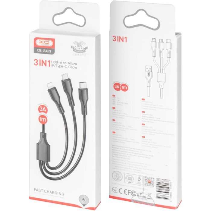 Дата кабель USB 2.0 AM to Lightning + Micro 5P + USB-C 3A black XO (CB-23U3-BK) изображение 3