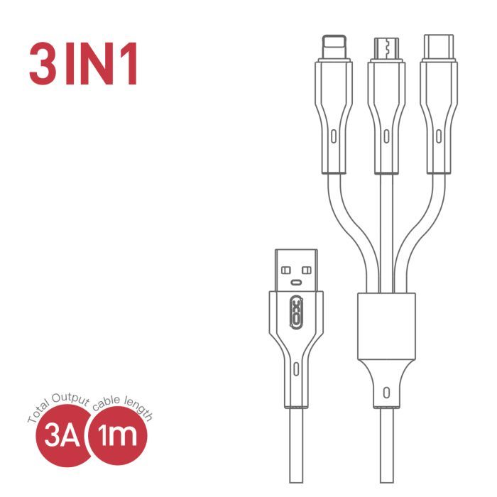 Дата кабель USB 2.0 AM to Lightning + Micro 5P + USB-C 3A black XO (CB-23U3-BK) изображение 4