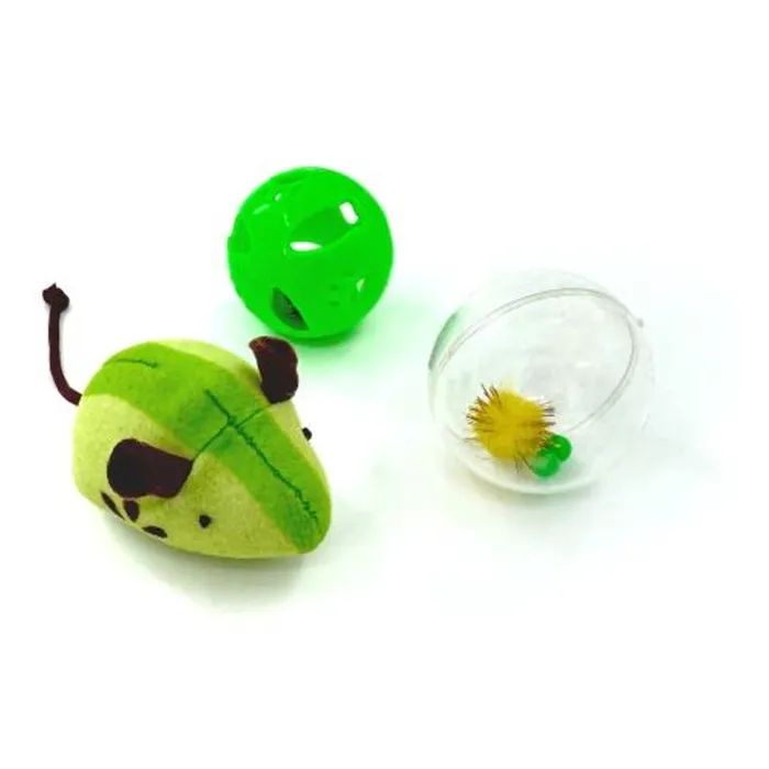 Іграшка для котів Hippie Pet Мишка та два м'ячика, зелена (HIPSET2303004)