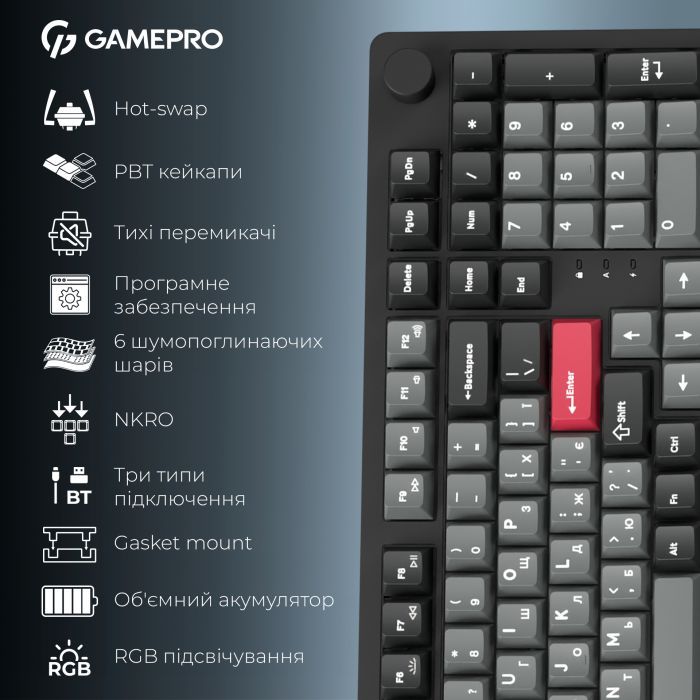 Клавиатура GamePro Asgard Drakkar Keychron Super Red Switch Wireless/Bluetooth/USB UA Black (MK305BK) изображение 20