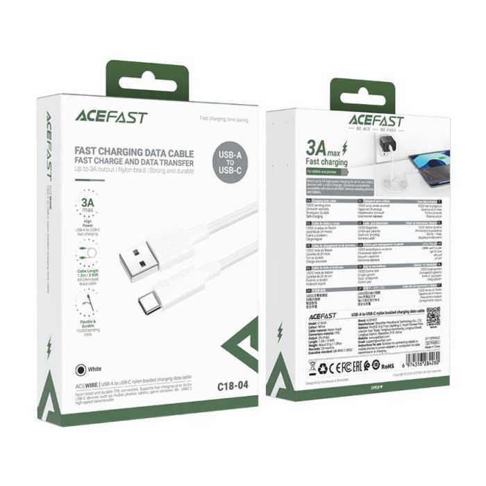 Дата кабель USB 2.0 AM to USB-C 1.2m 3A white Acefast (6974316284260) изображение 4