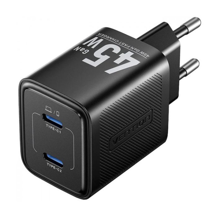 Зарядний пристрій Vention 2xUSB-C PD45W GaN black (FEFB0-EU)