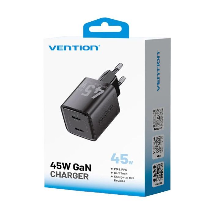 Зарядний пристрій Vention 2xUSB-C PD45W GaN black (FEFB0-EU) зображення 3