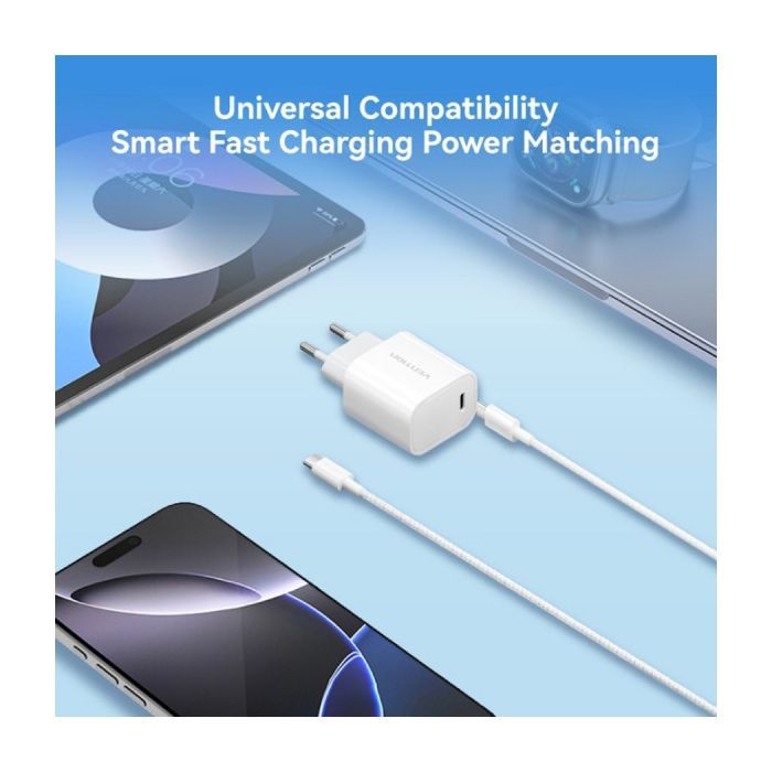 Зарядний пристрій Vention 1xUSB-C PD30W + cable USB-C to USB-C white (G18W0-EU) зображення 3