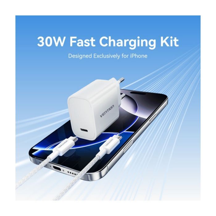 Зарядний пристрій Vention 1xUSB-C PD30W + cable USB-C to USB-C white (G18W0-EU) зображення 6