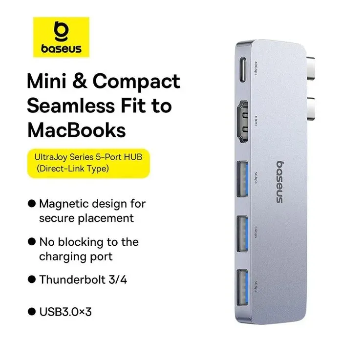 Концентратор Baseus USB-C 5-in-1 3xUSB 3.0 + 1xUSB-C 40Gbps + 1xHDMI 4K30Hz gray (B00052801811-04) зображення 8