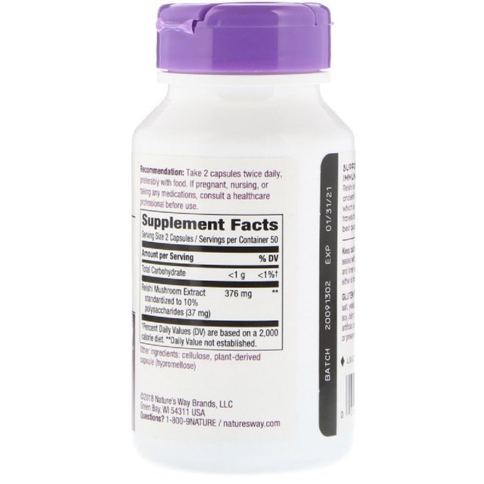Травы Nature's Way Грибы Рейши, Reishi, Standardized, 376 mg, 100 Капсул (NWY-62700) изображение 2