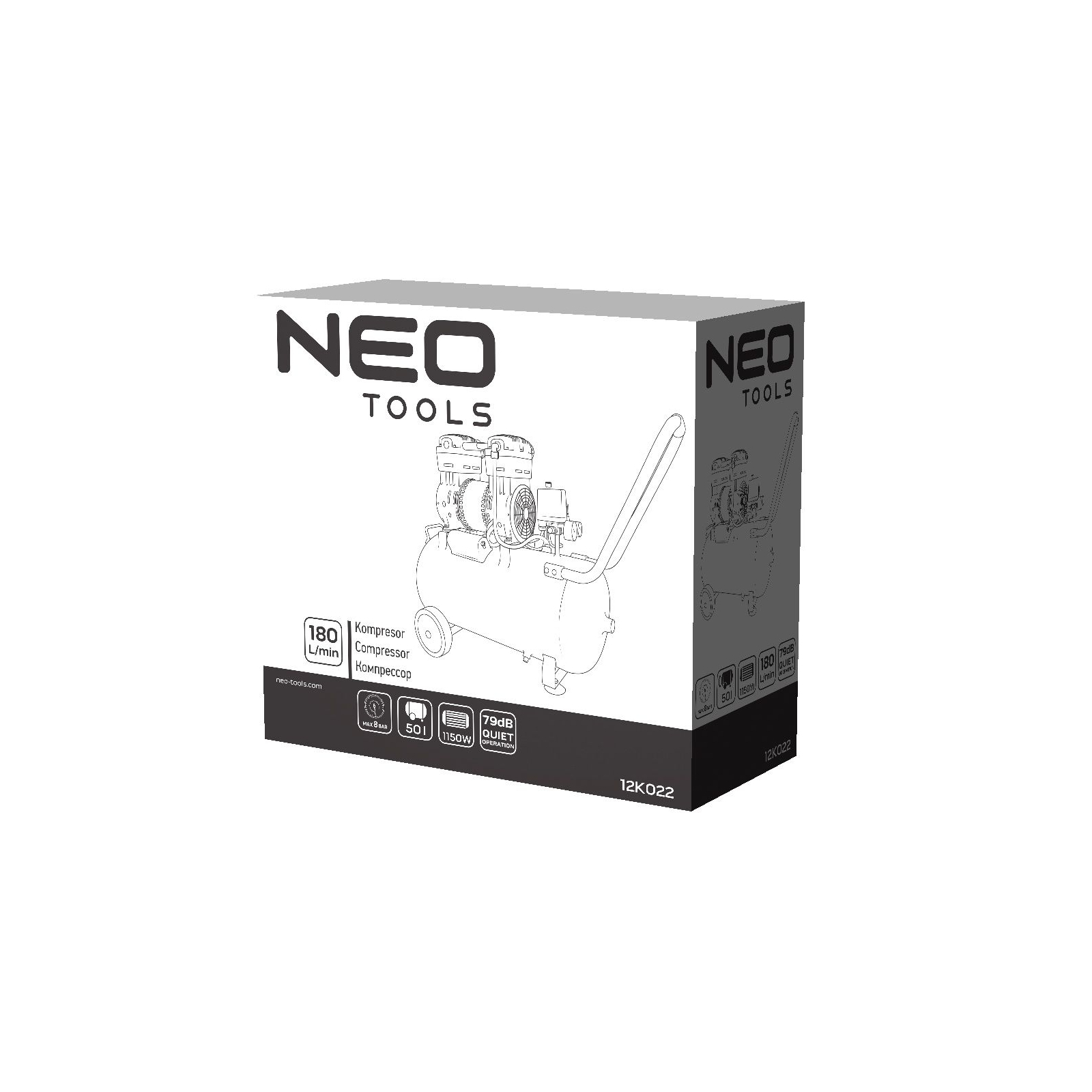 Компресор Neo Tools безоливний, 2-х поршневий, 230В, 50л, 8 Бар, 180л/хв, 1150Вт (12K022) зображення 6