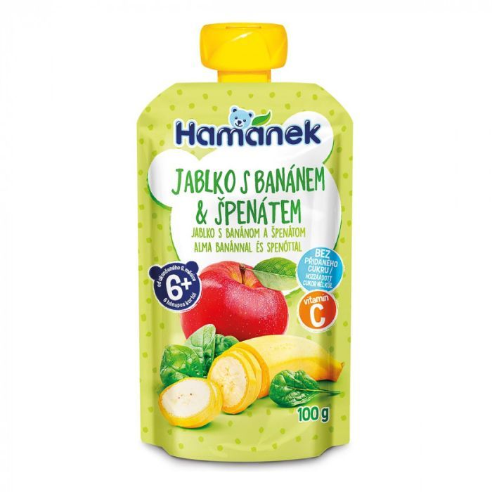 Детское пюре Hamanek Яблоко с бананами и шпинатом 100 г (8595139798444)