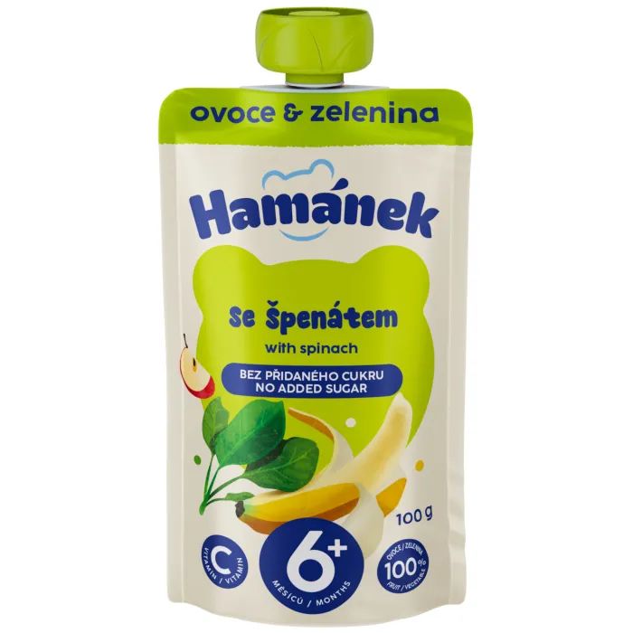 Детское пюре Hamanek Яблоко с бананами и шпинатом 100 г (8595139798444)