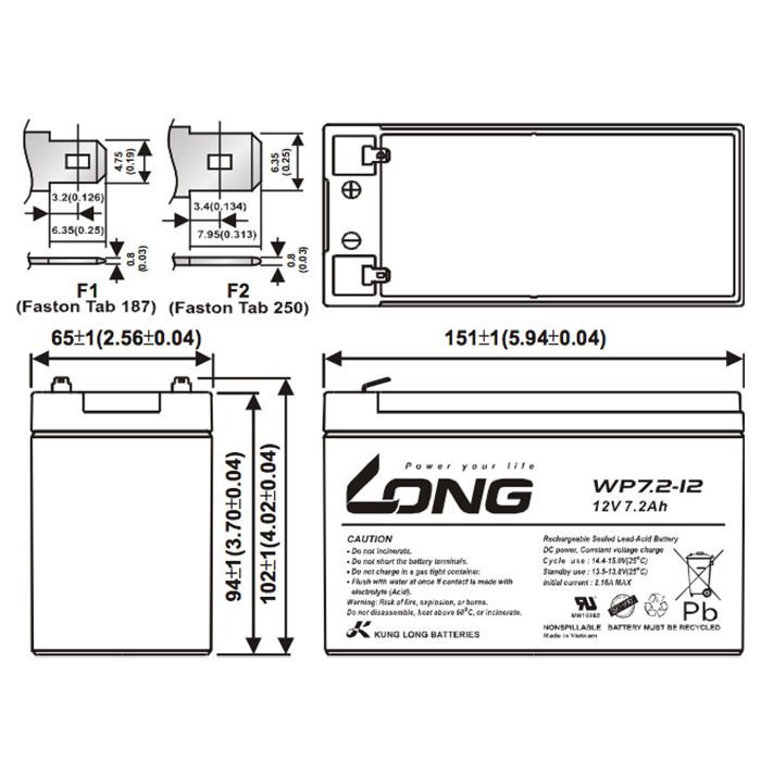 Батарея до ДБЖ Long 12В 7.2 Ач (WP7.2-12) (WP7.2-12A) зображення 2