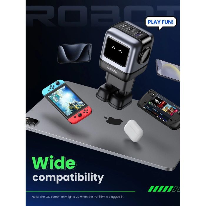 Зарядное устройство Ugreen 1xUSB + 2xUSB-C 65W GaN CD361 gray (25685B) изображение 4