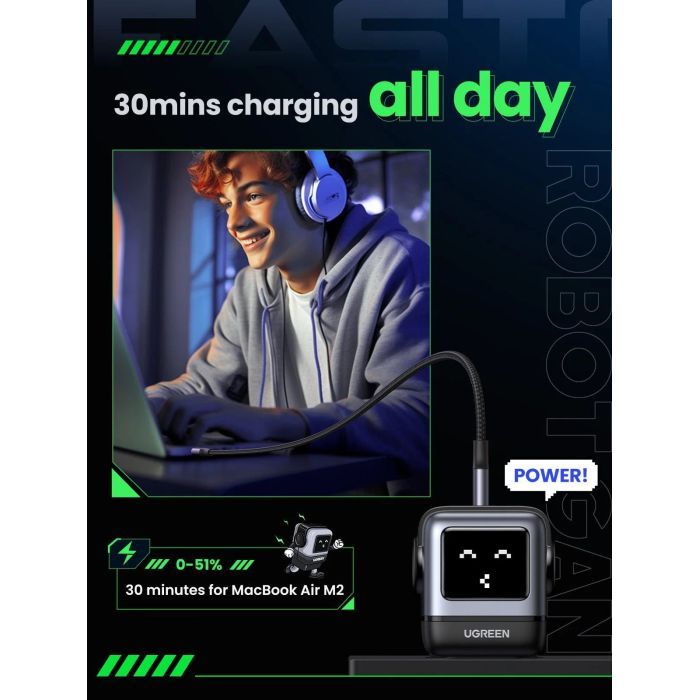 Зарядное устройство Ugreen 1xUSB + 2xUSB-C 65W GaN CD361 gray (25685B) изображение 8