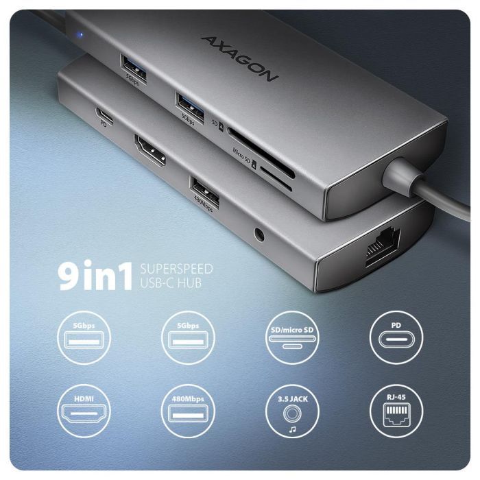 Концентратор AXAGON USBC to 3xUSB-A + HDMI + RJ45 + SD/microSD + audio + PD 100W 0.2m grey (HMC-8HLSA) зображення 2