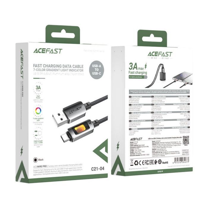 Дата кабель USB 2.0 AM to USB-C 1.2m 60W black Acefast (6974316284673) изображение 4
