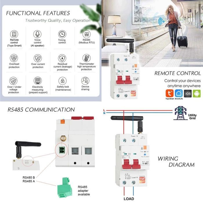 Автоматичний вимикач TUYA 1P+N, Wi-Fi, RS485, 63A (HS084059) зображення 4