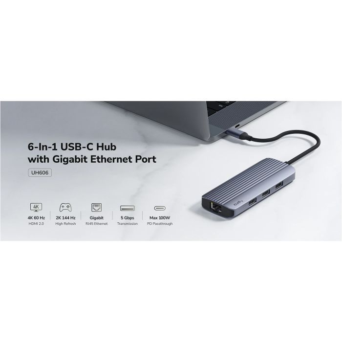 Концентратор Cudy USB-C 6-in-1 1xHDMI 4K + 1xUSB-C + 1xUSB 3.0 5Gbps + 2xUSB 2.0 (UH606) изображение 3