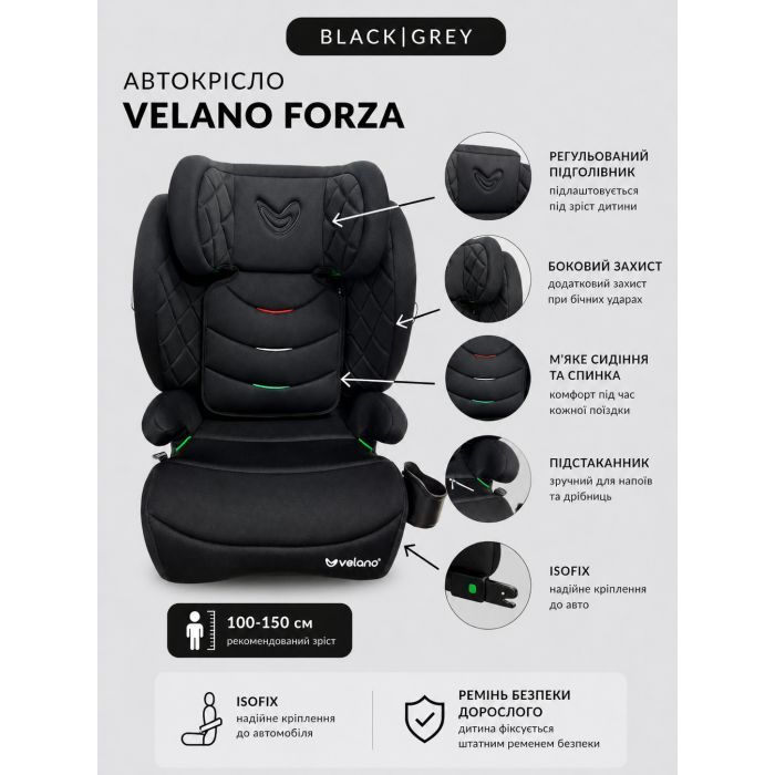 Автокресло Velano Forza i-Size 100150 см, ISOFIX, black (48411) изображение 6