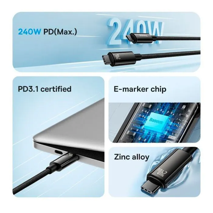 Дата кабель USB-C to USB-C 3.0m 240W black Baseus (CAWJ040201) изображение 8