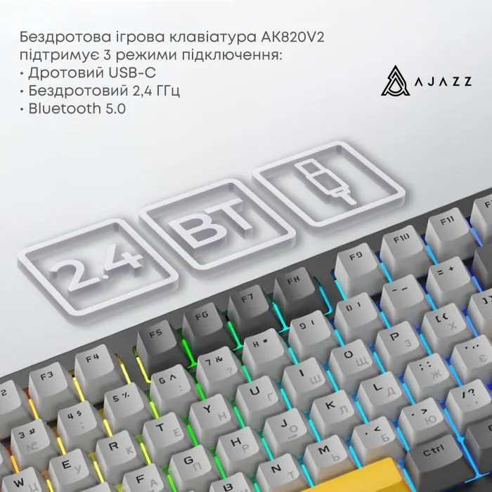 Клавиатура Ajazz AK820 V2 Coconut Flake Switch Wireless/Bluetooth/USB UA Black/Gray/Yellow (AK820-V2-CF-BGY) изображение 7