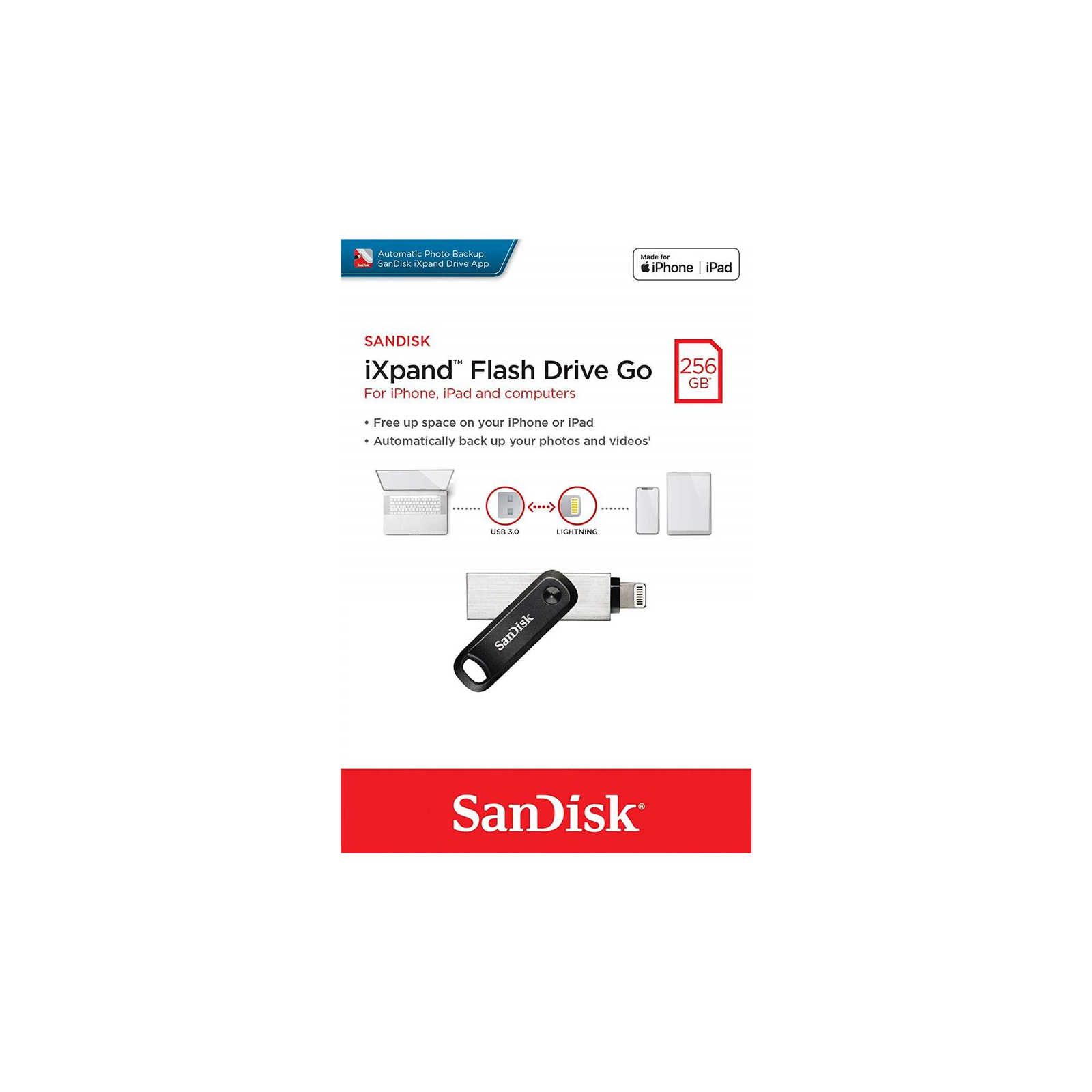 USB флеш накопитель SanDisk 128GB iXpand Go USB 3.0/Lightning (SDIX60N-128G-GN6NE) изображение 6