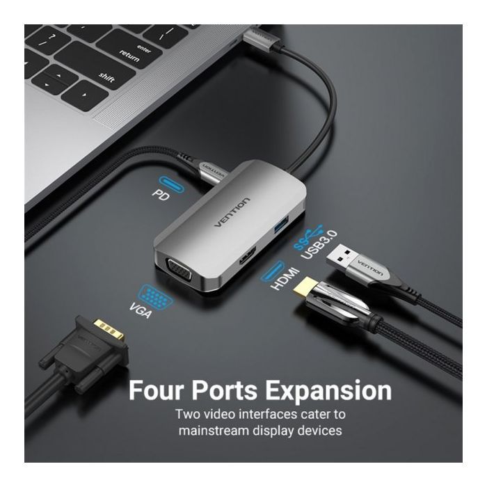 Концентратор Vention USB3.1 Type-C --> HDMI/VGA/USB 3.0/PD 100W Hub 4-in-1 (TOAHB) зображення 4