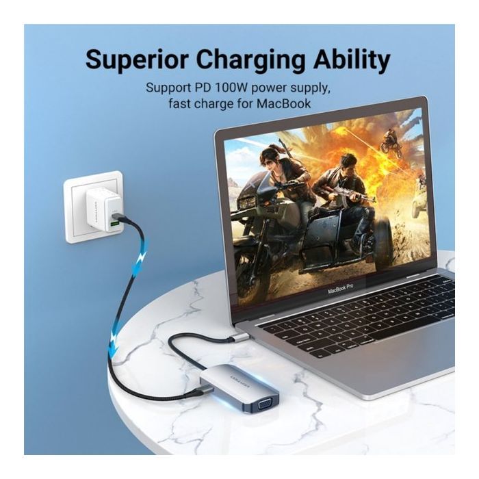 Концентратор Vention USB3.1 Type-C --> HDMI/VGA/USB 3.0/PD 100W Hub 4-in-1 (TOAHB) зображення 5