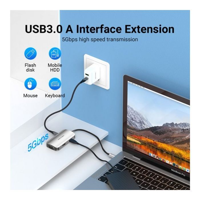 Концентратор Vention USB3.1 Type-C --> HDMI/VGA/USB 3.0/PD 100W Hub 4-in-1 (TOAHB) зображення 6