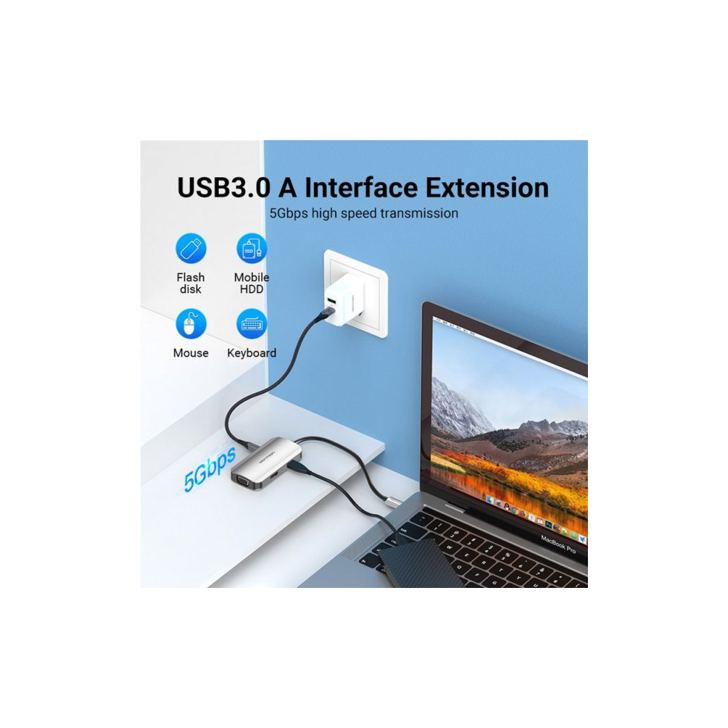 Концентратор Vention USB3.1 Type-C --> HDMI/VGA/USB 3.0/PD 100W Hub 4-in-1 (TOAHB) зображення 6