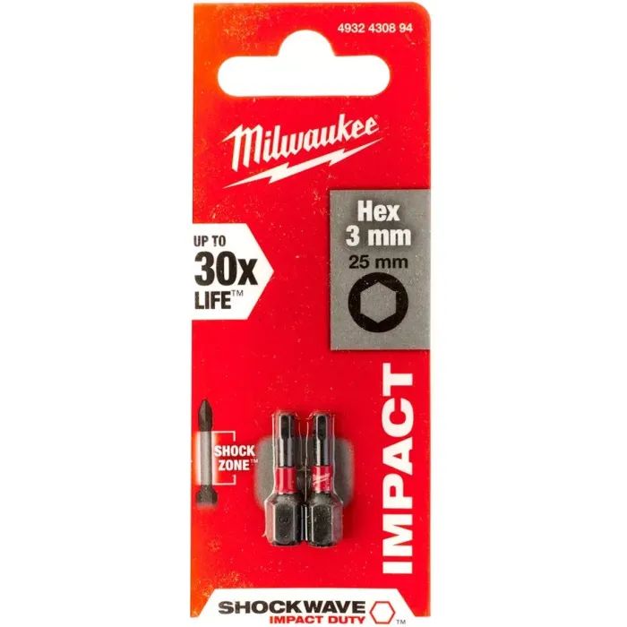Набор бит Milwaukee SHOCKWAVE, Hex3, 25мм, 2шт (4932430894) изображение 3