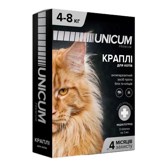 Краплі для тварин Unicum Premium від бліх та кліщів на холку для котів масою 4-8 кг/3 шт (4820150201777)