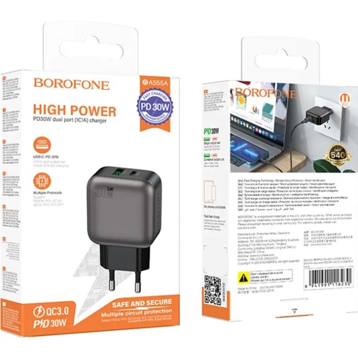 Зарядний пристрій BOROFONE BAS55A Absolute 1xUSB-C PD30W + 1xUSB QC3.0 Black (6941991116230) зображення 7