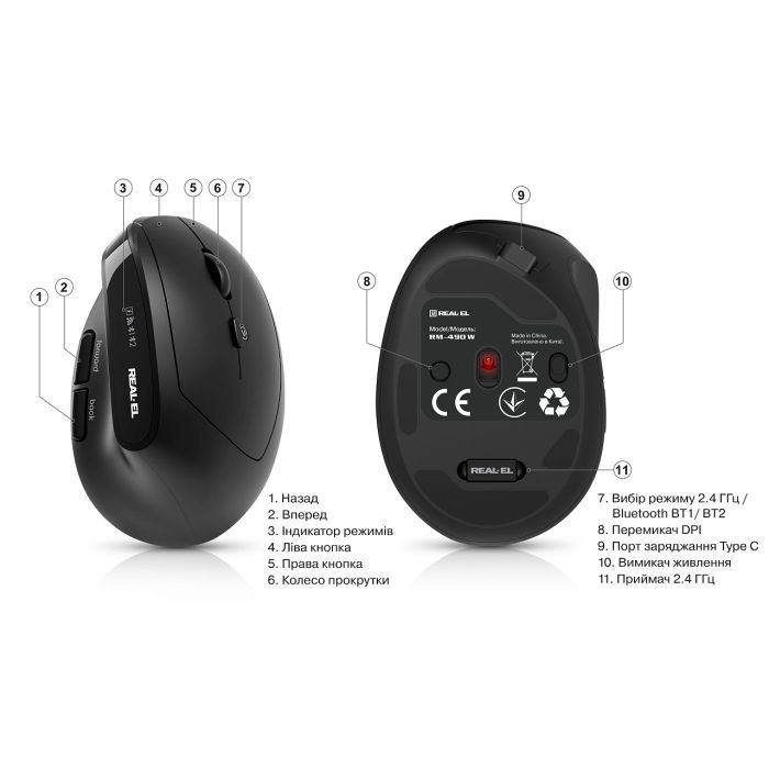 Мышка REAL-EL RM-490W Wireless/Bluetooth Black (EL123200058) изображение 9