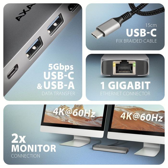 Концентратор AXAGON USBC to 2xUSBA + 1xUSBC + 2xHDMI + RJ45 + PD100W 0.15m gray (HMC-7HX2) зображення 3