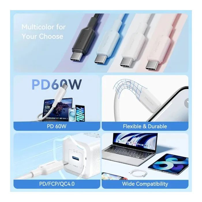 Дата кабель USB-C to USB-C 1.0m 3A black Vention (TRCBF) зображення 4