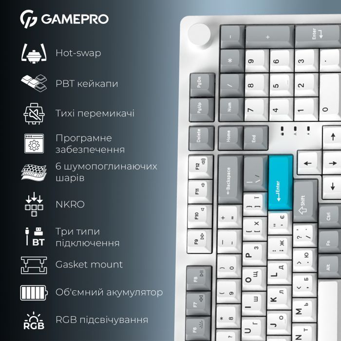 Клавиатура GamePro Asgard Drakkar Keychron Super Red Switch Wireless/Bluetooth/USB UA White (MK305WH) изображение 20