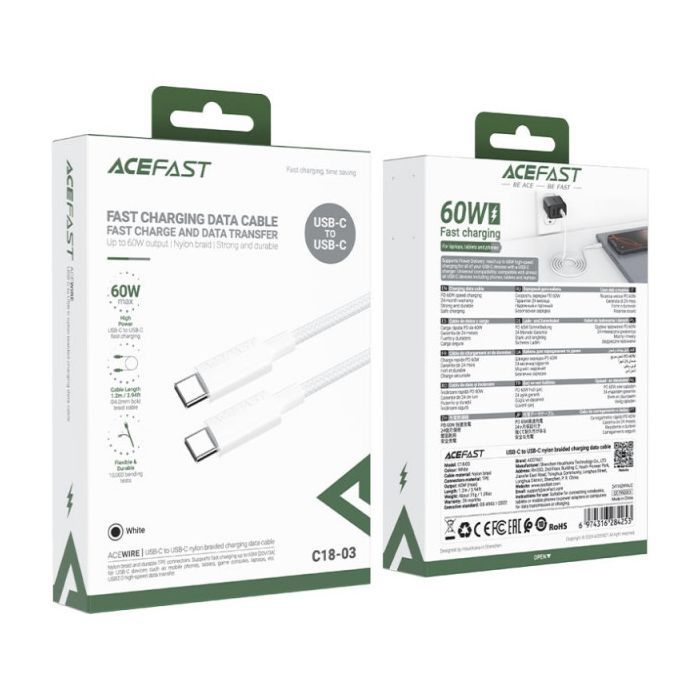 Дата кабель USB-C to USB-C 1.2m 3A white Acefast (6974316284253) изображение 4